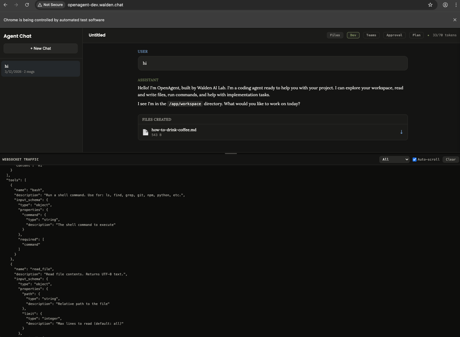 OpenAgent developer UI with dev panel